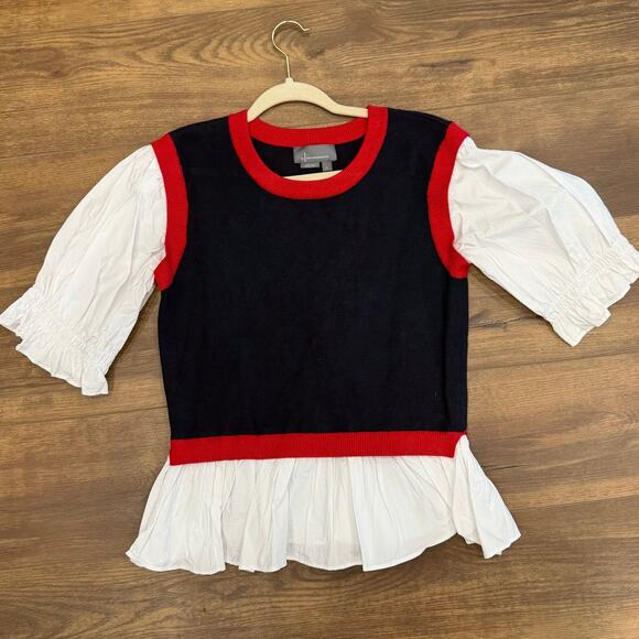 Anthropologie Layered Poplin Sweater Top in Navy Blue size Large - Picture 2 of 9